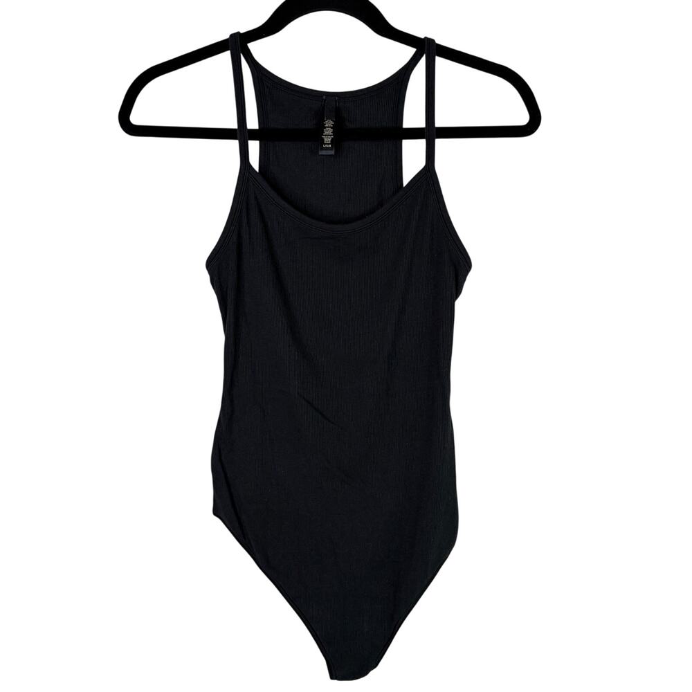 SKIMS Black body suit ribbed knit, size L, cotton blend, snap closure, feminine